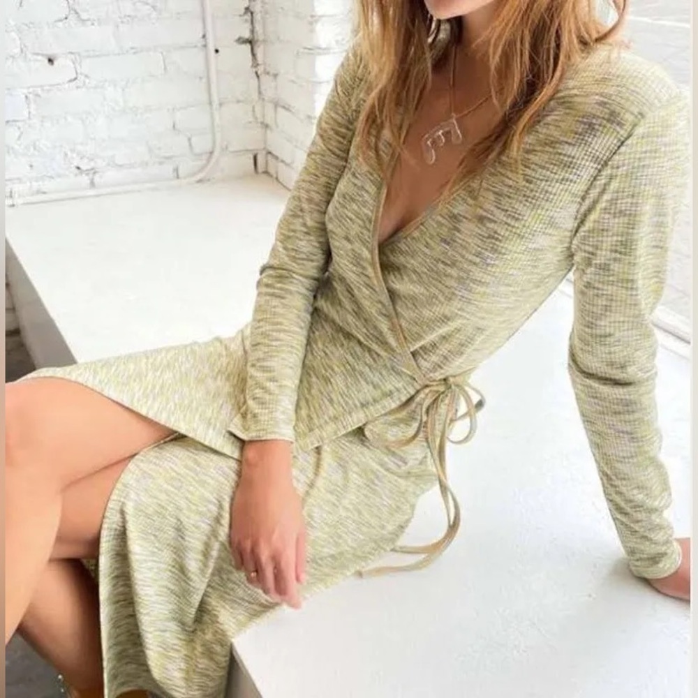 Lisa Says Gah Lucille Cotton Knit Long Sleeve Wrap Midi Dress Honeydew XS